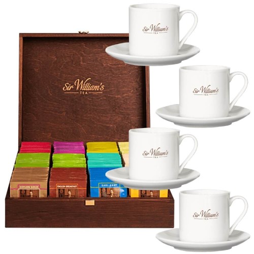 Sir William's Tea skrzynka 180 herbat i 4 kubki sztaplowane o pojemności 220 ml ze spodkami