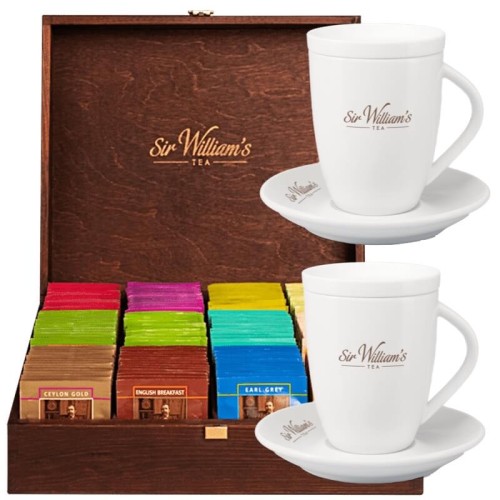 Sir William's Tea skrzynka 180 herbat i 2 porcelanowe kubki 250 ml ze spodkami i wieczkami