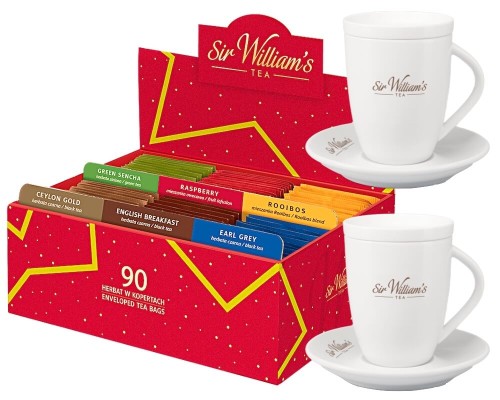 Sir William's 90 herbat w pudełku i 2 kubki 250 ml ze spodkami i wieczkami.jpg