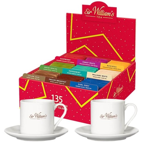 Sir William's 135 herbat w czerwonym pudełku upominkowym i 2 kubki 220 ml ze spodkami.jpg